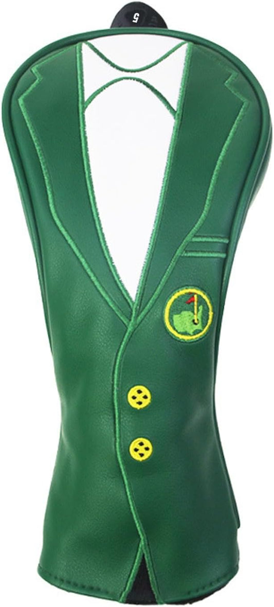 Green Jacket Golf Club Covers, PU Leather Elastic Neckline Golf Head Covers Soft Thick Lining Rainproof Sunscreen Hybrid Head Cover for 1/3/5/UT Wood Golf Club, Machine Washable
