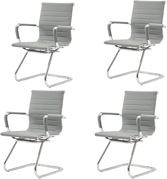 CIMOTA Waiting Room Chairs Leather Office Guest Chair Mid Back Reception Chairs with Sled Base for Meeting/Patient/Conference Room, Grey Set of 4