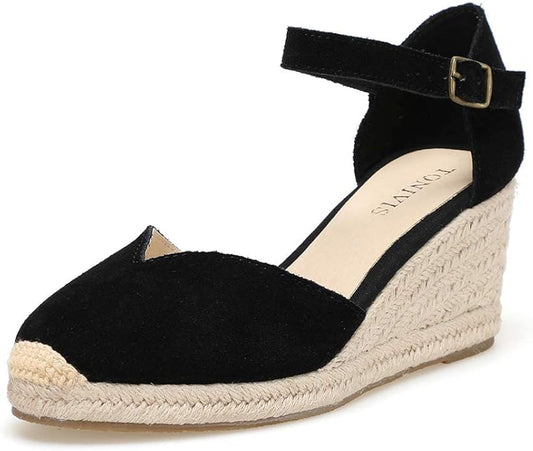 Platform Wedges Sandals for Women, 3" Wedge, Ankle-Strap, Cap Toe, Summer Espadrilles Heel Shoes