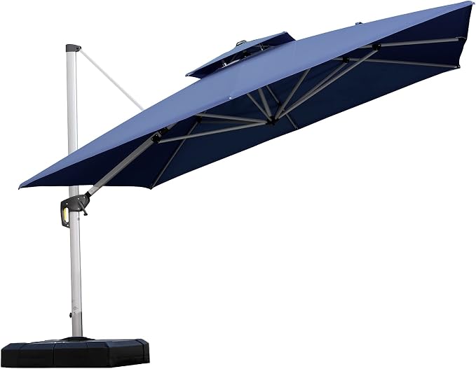 PURPLE LEAF Cantilever Outdoor Umbrella 11'x 11' Large Double Top Navy Blue | by PURPLELEAF