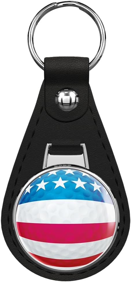 USA Flag Golf Ball Black Leather Key Chain Keychain Silver Ring