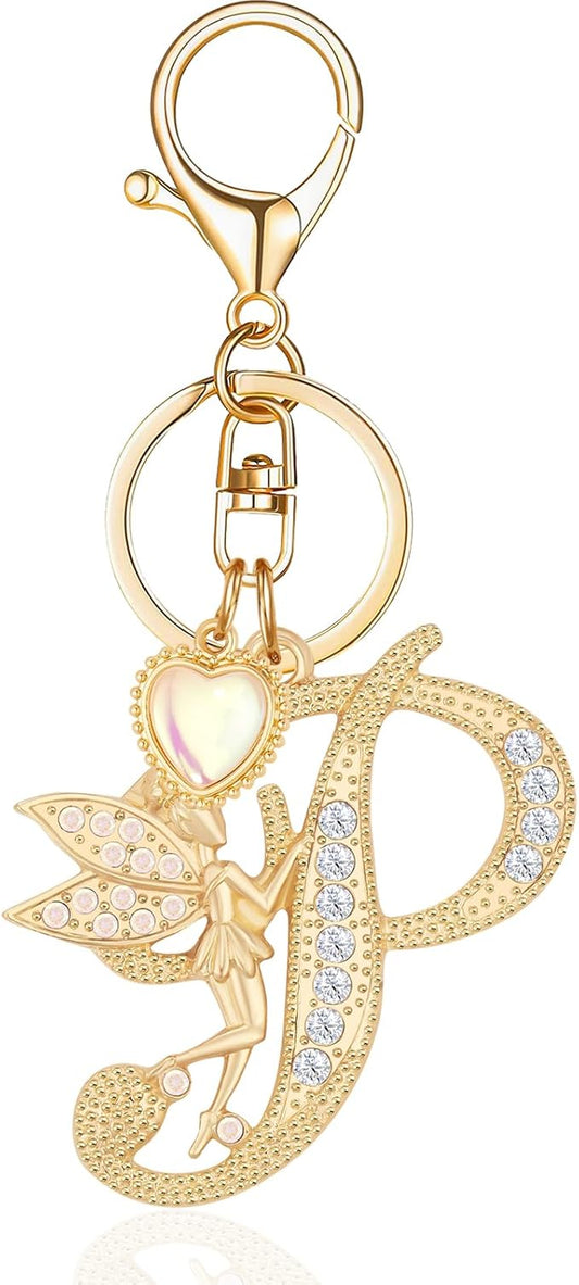 Gold Plated Alphabet Initial Letter Keyring Keychain for Women Girls Crystal Key Chains for Wallet Backpack Bag Charm