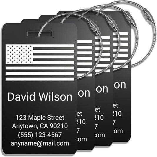 Personalized Luggage Tags for Suitcases 4 Pack – Custom Metal Name Tag for Travel, Golf Bag, and Baggage – Durable Aluminum Luggage Name Tags (Adventure Collection, Black)