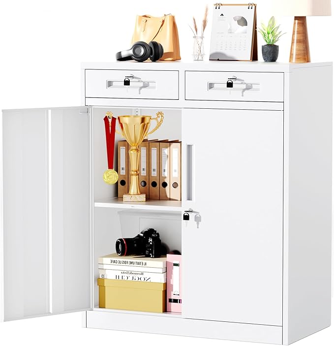 Greenvelly Metal Storage Cabinet with 2 Drawers,36" Lockable Storage Cabinet Steel White Cabinet with Doors and Adjustable Shelves for Bathroom Storage Home Office, Garage, School, Apartment