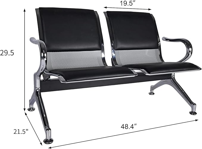 kinbor PU Leather Waiting Room Chairs - Airport Salon Office Waiting Area Reception Chairs Furniture Bench with Arms for Bank, Hospital, Barbershop, Black (Set of 2)