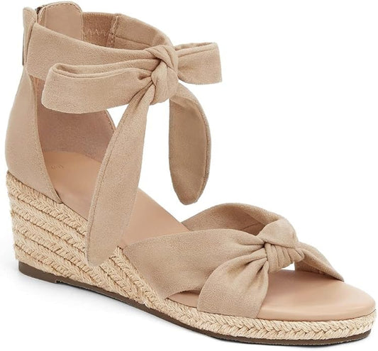 LAICIGO Womens Espadrilles Wedge Sandals Back Zipper Closure Open Toe Platform Ankle Strap Summer Dress Shoes with Bow