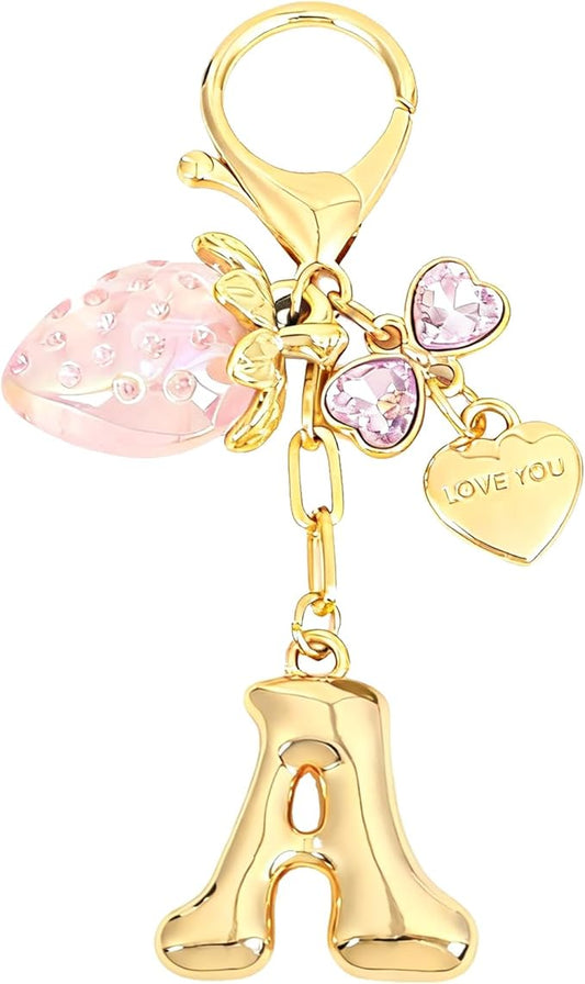 Snycler Bubble Initial Keychain with Strawberry & Bow- Gold Letter Bag Charms for Women, Cute Purse Handbag Accessories