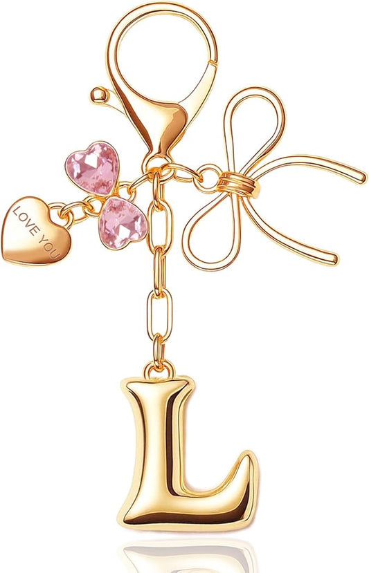 Gold Bubble Initial Keychain with Bow Decoration Bag Charms for Women, Cute Purse Handbag Accessories Gift