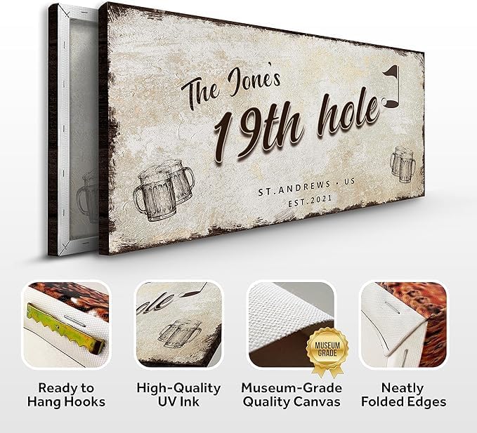 TAILORED CANVASES Golf Art Decor - Personalized Vintage Golf Wall Art Sign for Man Cave, Bedroom, Basement, Home Bar and Custom Gift for Husband, Dad, Wedding & Anniversary - 19th Hole Sign, 48"x24"