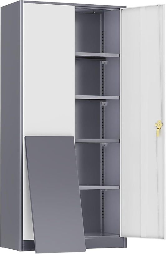 Greenvelly Metal Storage Cabinet,72” Metal Cabinet Storage with Doors and 4 Adjustable Shelves,Tall Storage Cabinet for Home,School,Gym(Grey White)