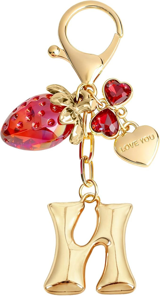 Snycler Bubble Initial Keychain with Strawberry & Bow- Gold Letter Bag Charms for Women, Cute Purse Handbag Accessories