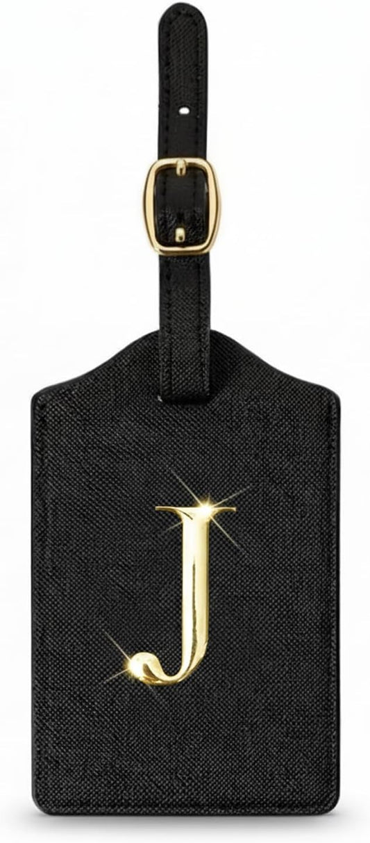 Personalized Initial Letter Luggage Tag for Suitcases PU Leather Baggage ID Tag with Metal Alphabet,Travel Accessory for Backpacks, Bags and Gift for Travelers (Black/Gold-Letter, J)