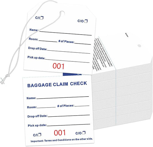 500 Baggage Claim Check Tags with Transfer Tape on Back, Hotel Luggage ID Tags Luggage Tag Bulk with White String, Baggage Identification for Hotel Suitcase Motel Bag