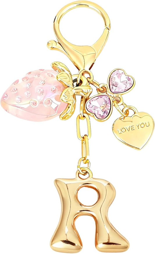 Snycler Bubble Initial Keychain with Strawberry & Bow- Gold Letter Bag Charms for Women, Cute Purse Handbag Accessories