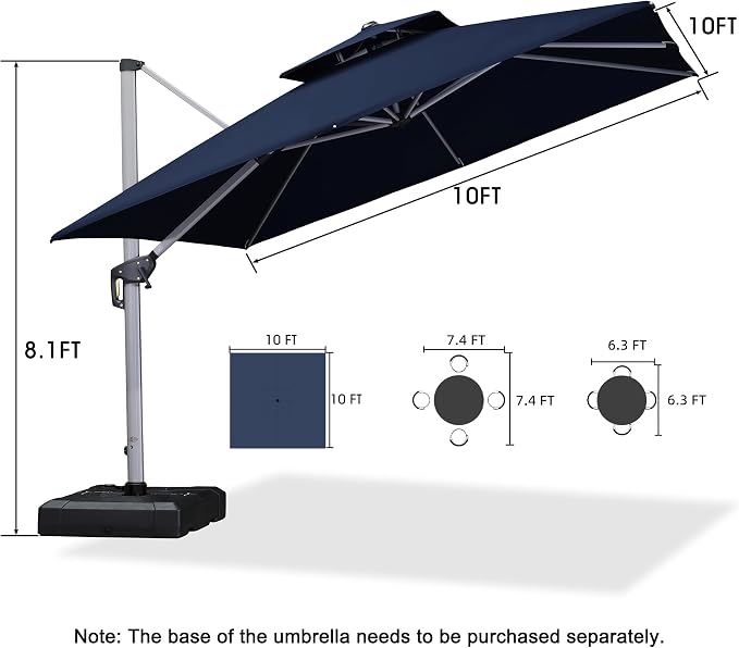 PURPLE LEAF Cantilever Patio Umbrellas 10'x 10' Square Double Top Navy Blue | - Image 9