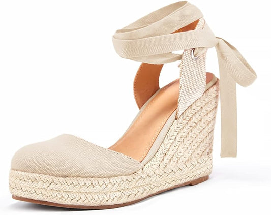 FISACE Womens Summer Espadrille Heel Platform Wedge Sandals Ankle Buckle Strap Closed Toe Shoes