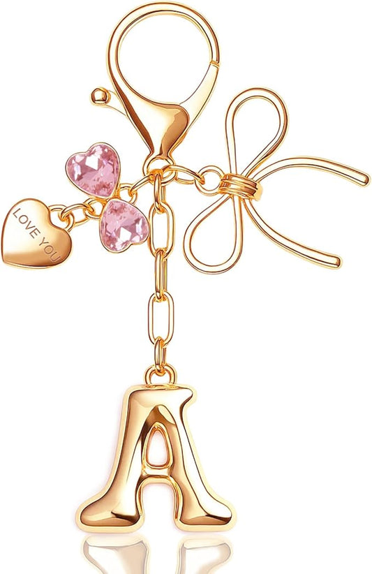 Gold Bubble Initial Keychain with Bow Decoration Bag Charms for Women, Cute Purse Handbag Accessories Gift