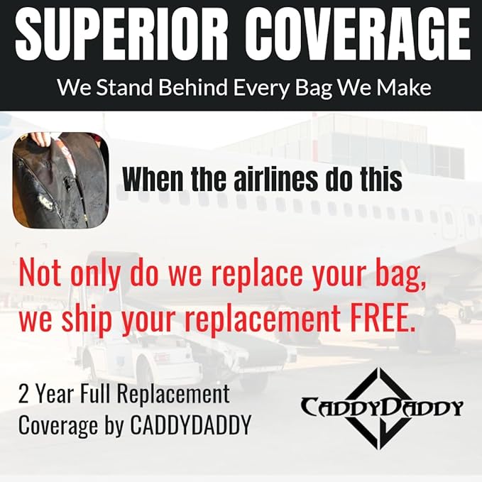CaddyDaddy First Class Military Grade Ballistic Nylon Travel Cover with EVA Dense Foam Top Padding 2 Year Full Replacement Coverage Self Standing Base XL Wheels Case for Transporting Clubs on Airlines