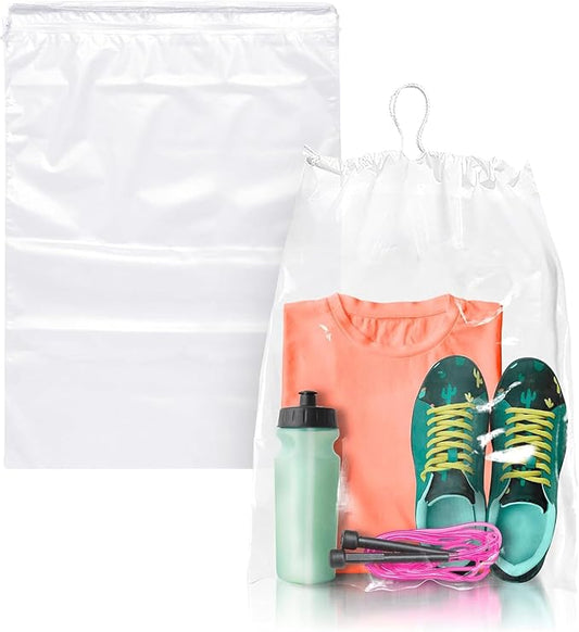 Clear Drawstring Travel Bag for Shoes. Waterproof Dust Bags for Shoes with Double Cotton Drawstrings. 2 mil PE Plastic Drawstring Bags for Packing, Storage