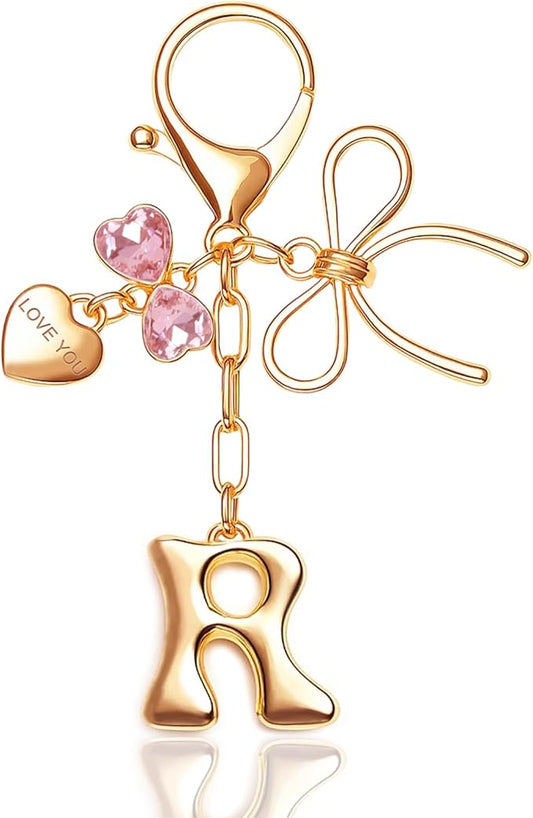 Gold Bubble Initial Keychain with Bow Decoration Bag Charms for Women, Cute Purse Handbag Accessories Gift