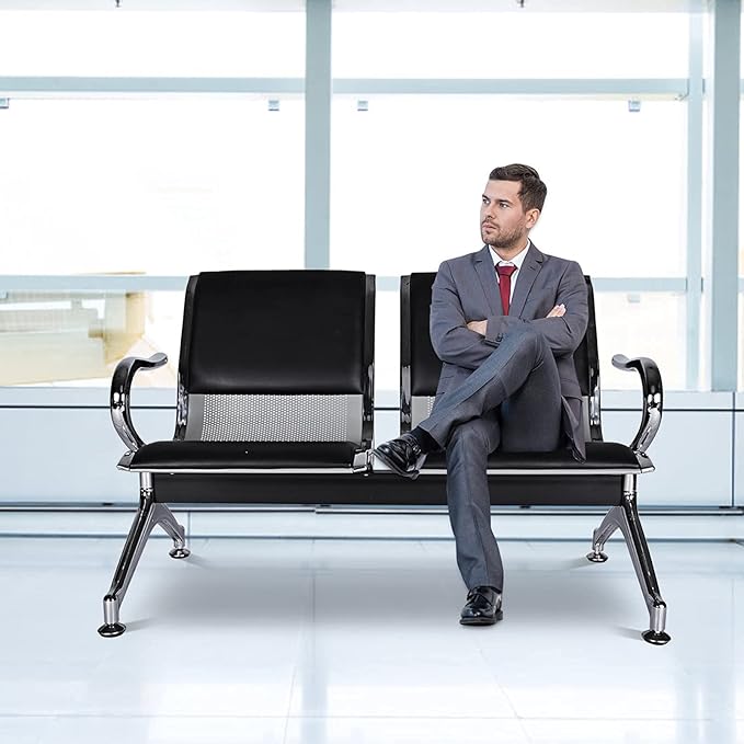 2-Seat Waiting Room Chairs - Waiting Room Bench with Arms Airport Reception Bench Guest Reception PU Leather Lobby Bench Waiting Area Chairs for Market Bank Hospital School, Black