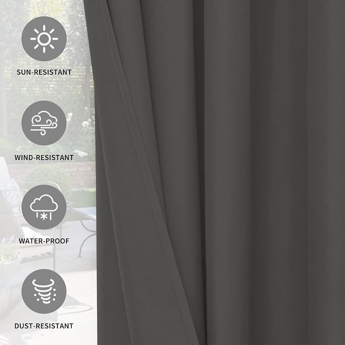 Easy-Going 100% Waterproof Outdoor Curtains 54x84 inch, Dark Grey | Windproof - Image 5