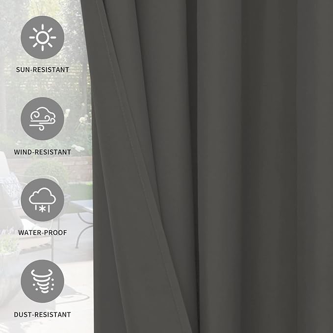 Easy-Going 100% Waterproof Outdoor Curtains 54x120 inch, Dark Grey | Windproof - Image 5