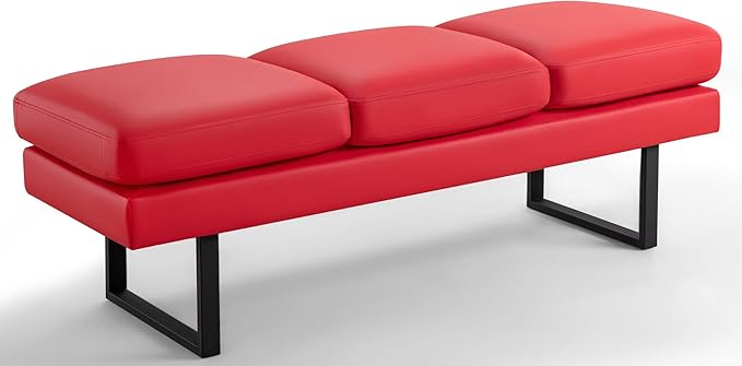 Furniwell Waiting Room Bench with 3 Seats,Faux Leather Reception Bench Upholstered Office Guest Chair Seating,Lobby Bench for Salon,Conference Room and Shop (Red)