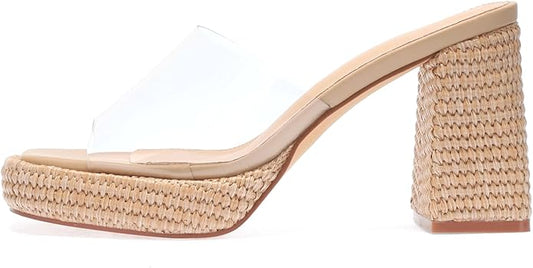 Monrovia Womens Sandals Heels for Women Slide On Block Chunky Platform High Heels Open Toe Raffia Wedge Sandals