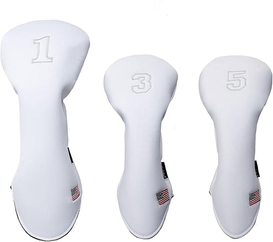 Golf Driver Head Covers 3-Pack for Men & Women - Premium PU Leather with Elephant Embroidery, Double Elastic Band (Driver/Fairway/Hybrid), Waterproof & Durable - White Grey or Black Grey