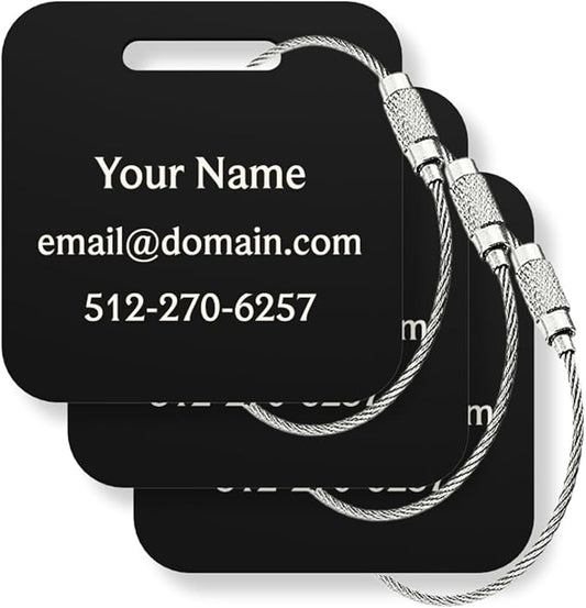 Custom Metal Luggage Tags (3 or 6 Pack) - Personalized Unique Suitcase & Backpack Travel, Durable, Waterproof & Heavy Duty (Black)