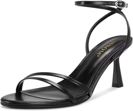 ISNOM Womens Sandals Round Toe Low Heels Strappy Ankle Strap Kitten Heel Comfort Dress Party Shoes