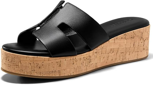 Coutgo Women's Platform Wedge Sandals Open Toe Slip On Slides Cork Heeled Cutout Comfortable Summer Shoes