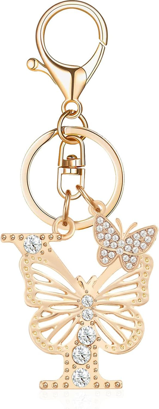 Gold Plated Alphabet Initial Letter Keyring Keychain for Women Girls Crystal Key Chains for Wallet Backpack Bag Charm