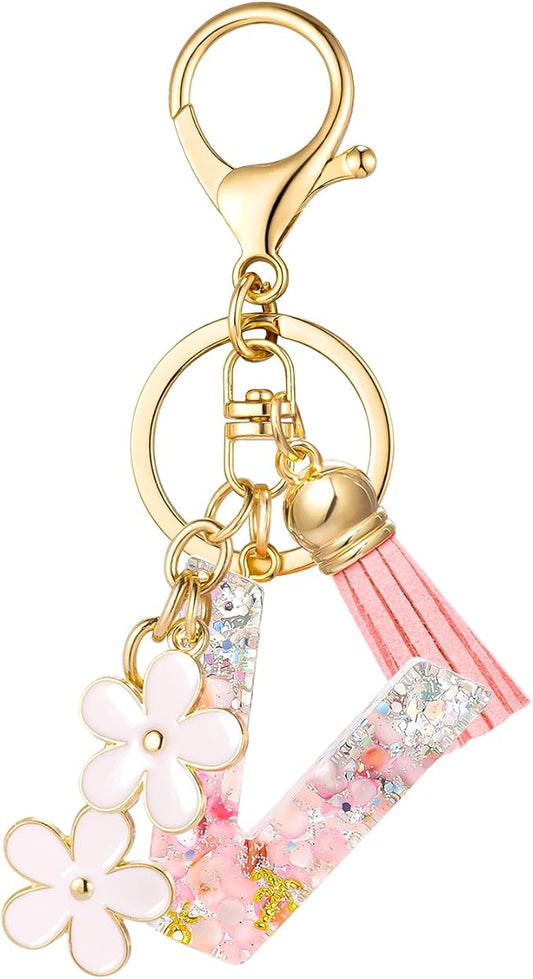 SELOVO Girls Pink Flower Chain Cute Keychain Initial Keychain Key Chain for Women
