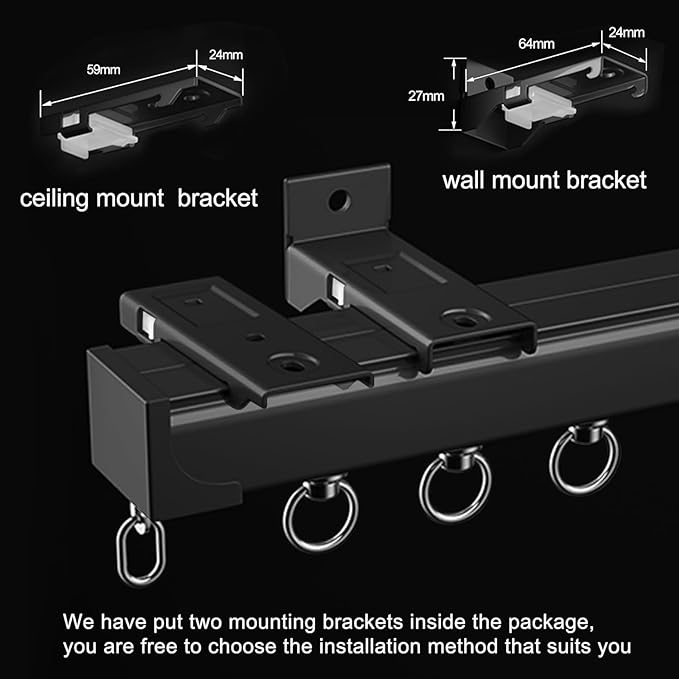 Aluminum Alloy Silent Curtain Tracks Ceiling Or Wall Mounted Curtain Rail Drapes Rail Room Dividers Sliding Curtain Rail (black, 2m(not segmented))