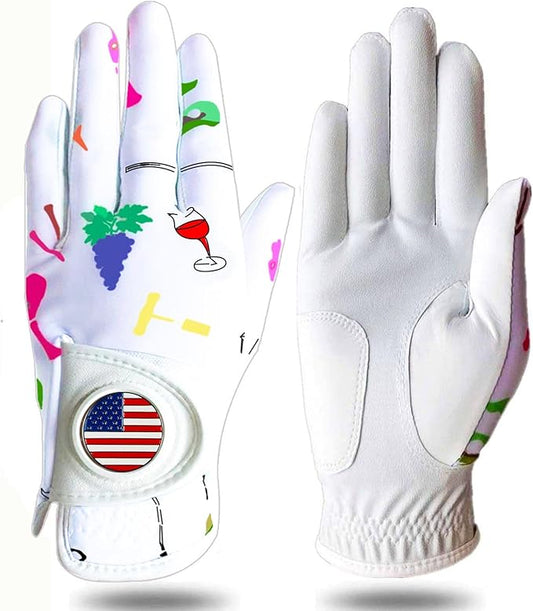 Amy Sport Womens Golf Glove with Ball Marker Rain Left Right Hand Leather Printed Pack, Ladies Golf Gloves All Weather Grip Breathable Soft Size Small Medium Large XL