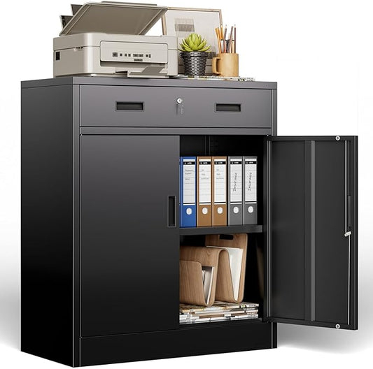 BESFUR 36" H Metal Cabinet with Lockable Drawer and 2 Lockable Doors, Black Locking Cabinet with Adjustable Shelf, Lockable Storage Cabinet for Home Office, Garage,School, Warehouse, Utility Room