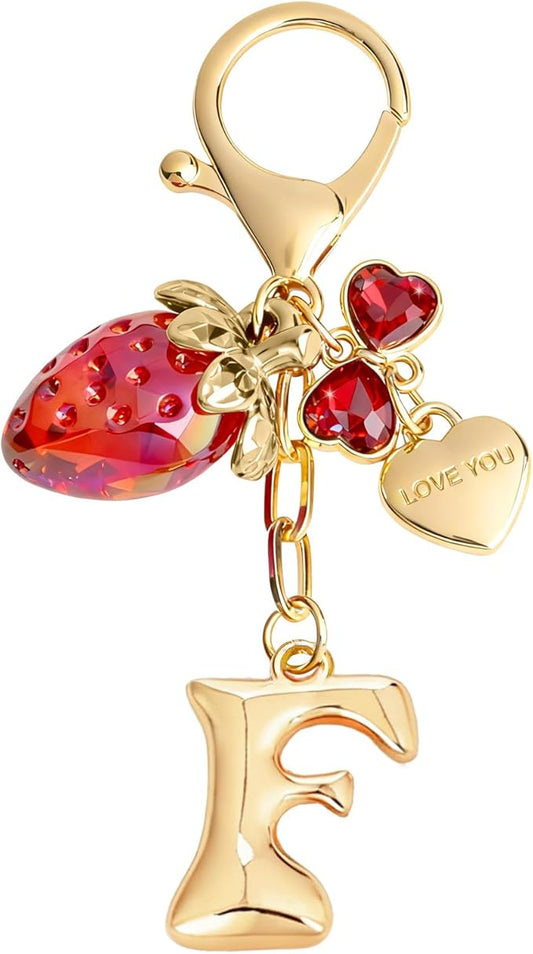 Snycler Bubble Initial Keychain with Strawberry & Bow- Gold Letter Bag Charms for Women, Cute Purse Handbag Accessories