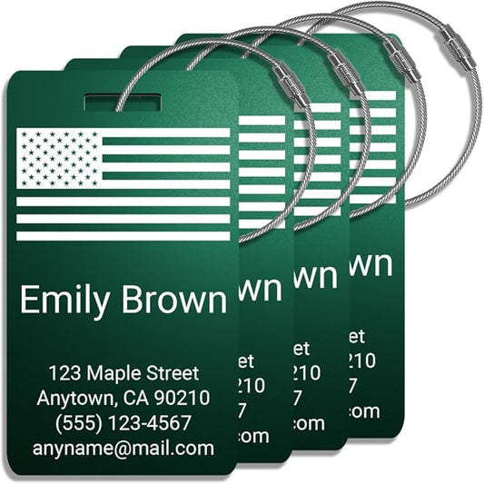 Personalized Luggage Tags for Suitcases 4 Pack – Custom Metal Name Tag for Travel, Golf Bag, and Baggage – Durable Aluminum Luggage Name Tags (Adventure Collection, Emerald Shadow)