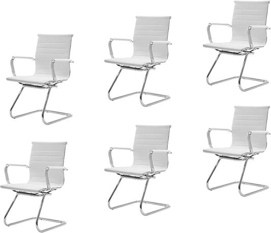 CIMOTA Waiting Room Chairs Leather Office Guest Chair Mid Back Reception Chairs with Sled Base for Meeting/Patient/Conference Room, White Set of 6