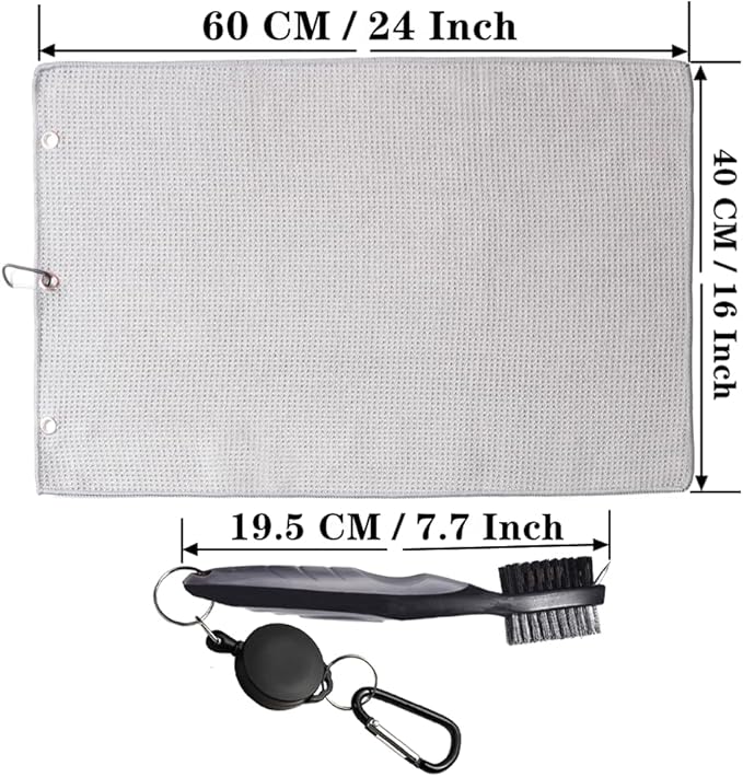 Golf Towels, Golf Towel and Brush Set, with Microfiber Waffle Design Golf Towel 16" X 24" with Hook and Loop Fastenerl and Retractable Zip-line Golf Club Brush (Grey)