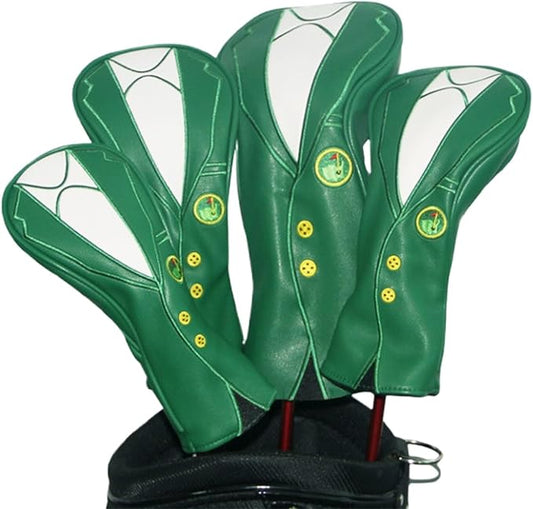 Green Jacket Golf Club Covers, PU Leather Elastic Neckline Golf Head Covers Soft Thick Lining Rainproof Sunscreen Hybrid Head Cover for 1/3/5/UT Wood Golf Club, Machine Washable