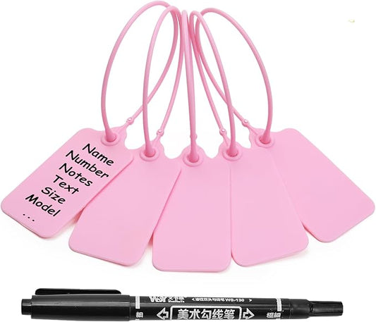 50 Pink Blank Plastic Tags for Labeling Waterproof Hanging Labels Writable Tags Seal Plastic Marking Label for Clothes Bags Keys Inventory with One Marker Pen