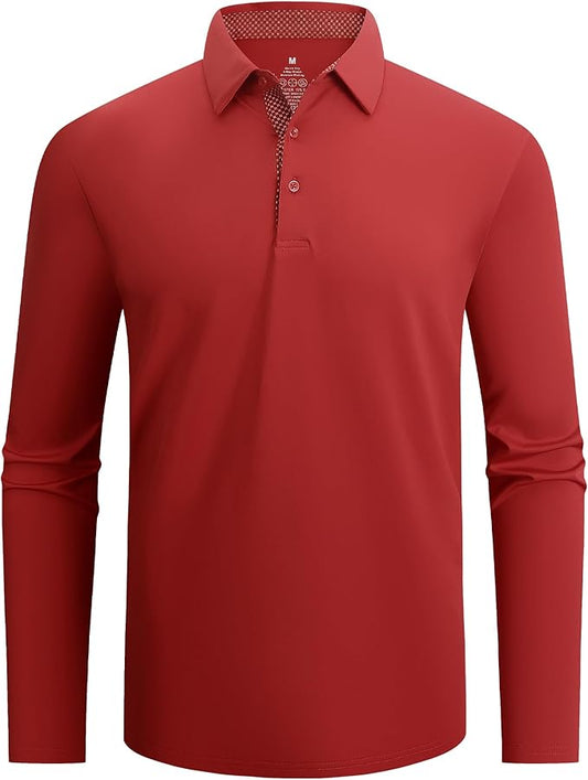 Alex Vando Mens Golf Shirt Moisture Wicking Quick-Dry Solid Long Sleeve Polo Shirts for Men