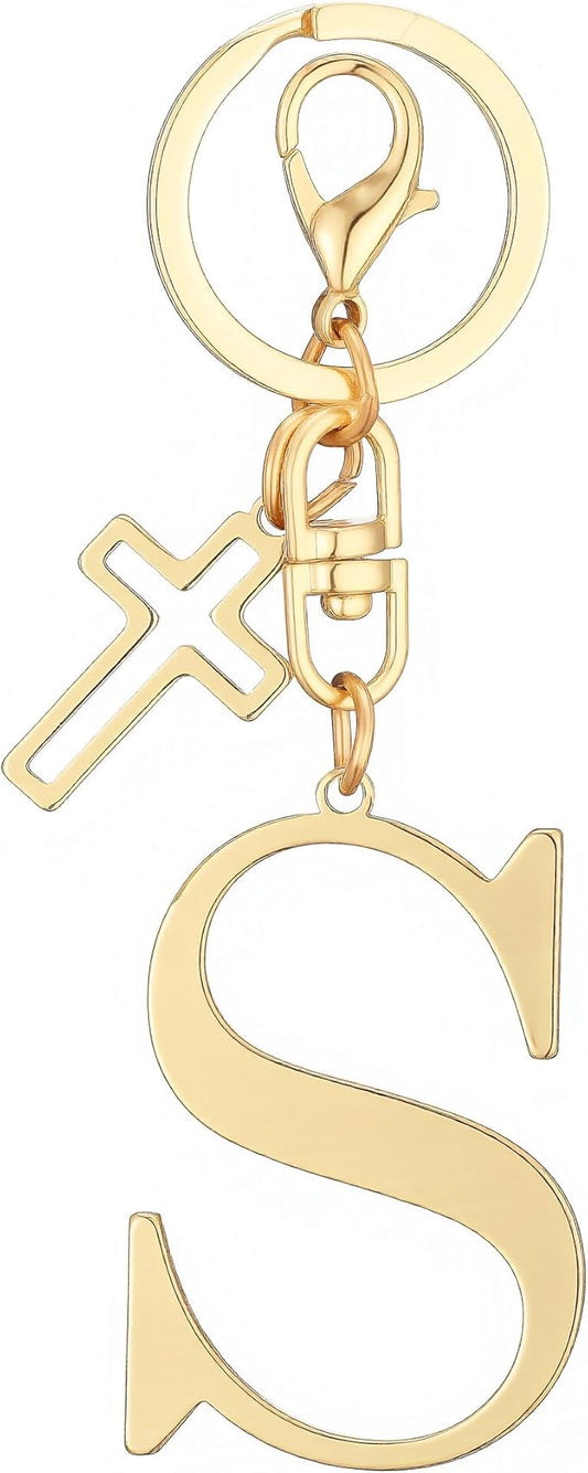 Gold Initial Keychain for Women A-Z Letter Cross Keychains Alphabet Key Chain bag Accessories Gift for Christian