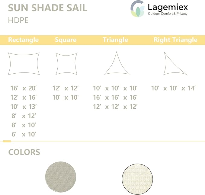 10' x 10' Rectangle Sun Shade Sail, 185 GSM HDPE, Sand | 95% UV block, - Image 5
