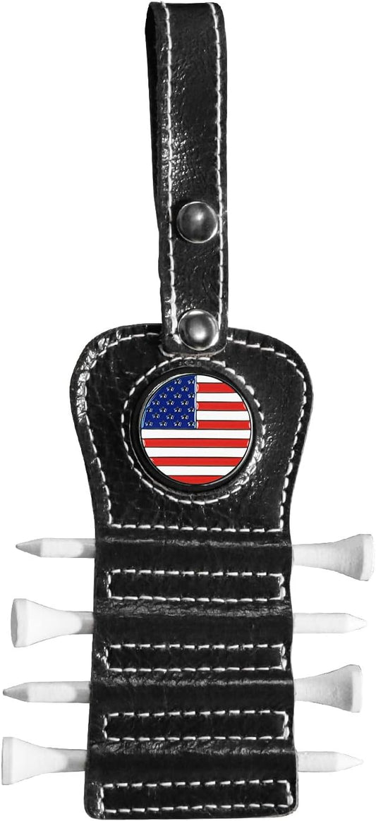 Golf Tee Holder with USA Ball Marker 4 Pcs White Wood Tees, Portable Hold Different Tee Leather Gift Hook Hanging Clip to Golf Bag Belt