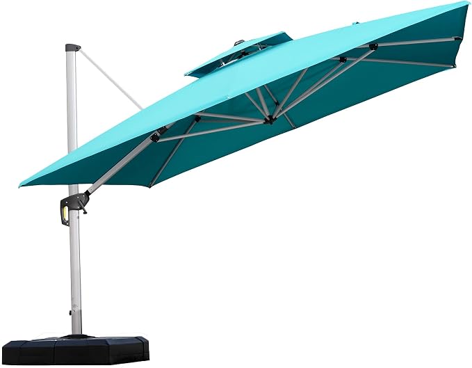 PURPLE LEAF Cantilever Outdoor Umbrella 11' x 11' Large, Turquoise Blue | 35MPH by PURPLELEAF
