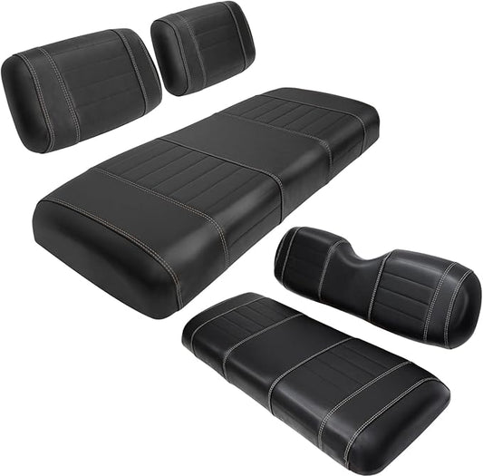 Golf Cart Seat Covers fits Club Car Precedent/DS/EZGO RXV/TXT/Yamaha Front Rear Seat Cushion，Black Leather Custom Stripe Soft Comfortable/Anti-Scratch/Easy to Clean